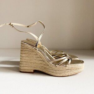 Zara Metallic Gold Strappy Wedge Jute Espadrille Sandals  40 NWT